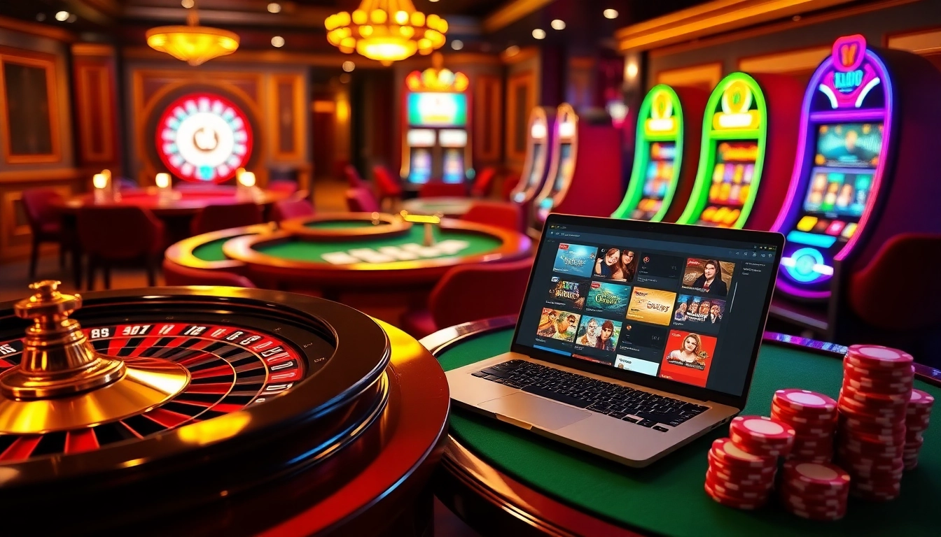 Atmosphère excitante dans un casino en ligne argent réel France avec des roues de roulette et des tables de poker.