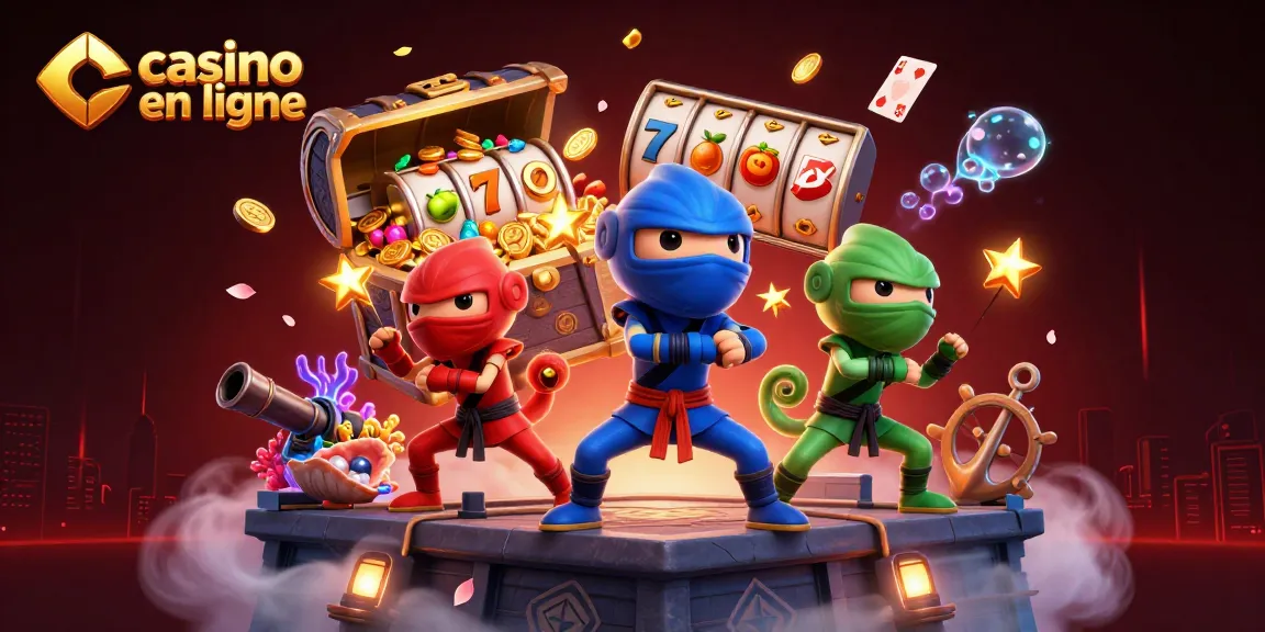 Scène de jeu vibrante avec le casino en ligne et des caméléons ninja en action