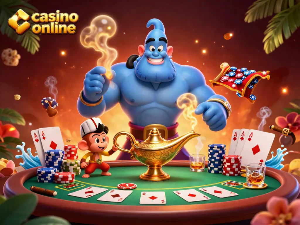 Participa en un casino online con una mesa de póker rodeada de personajes divertidos y elementos vibrantes.