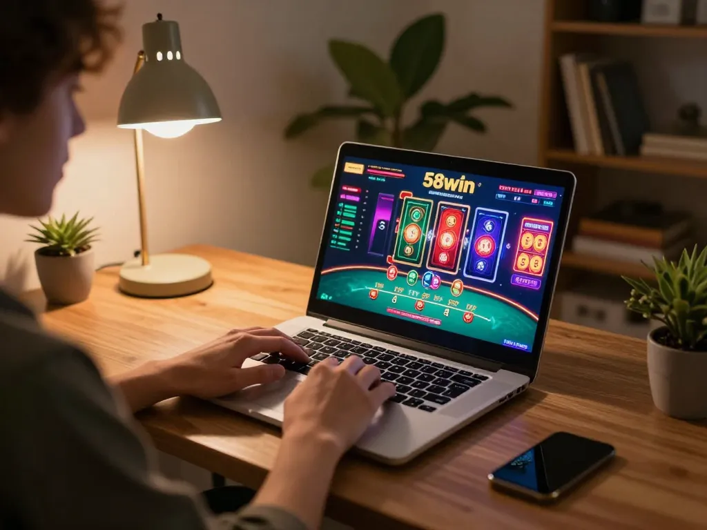Engaging scene of a player actively participating in games at 58win’s online casino on a laptop.