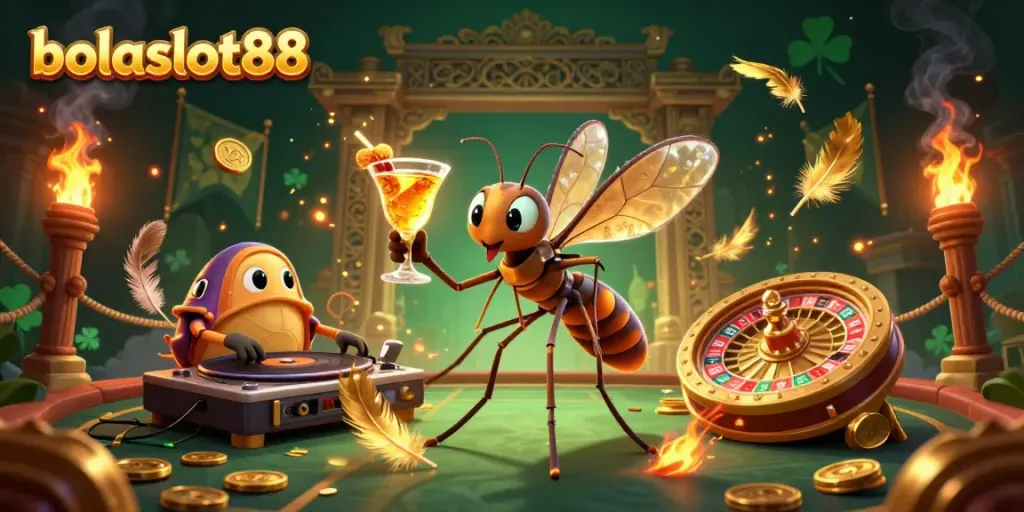 Engage with bolaslot88 through an exciting casino scene featuring a mosquito mascot and a trilobite DJ.