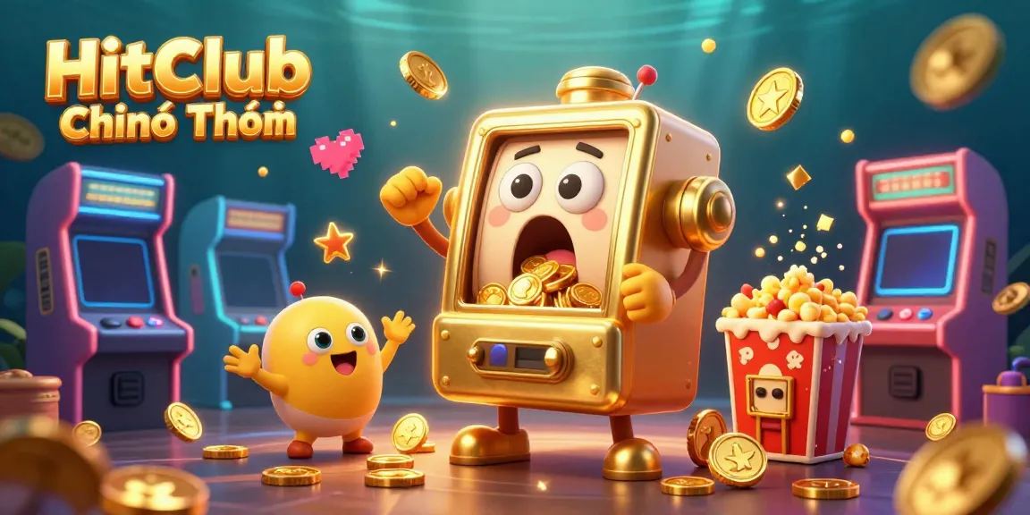 Exciting slot machine moment depicting HitClub Chính Thức with golden coins pouring and smaller machines celebrating.