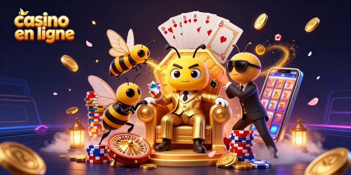 Illustration colorée d'un patron de la mafia abeille dans un casino en ligne entouré de joueurs.