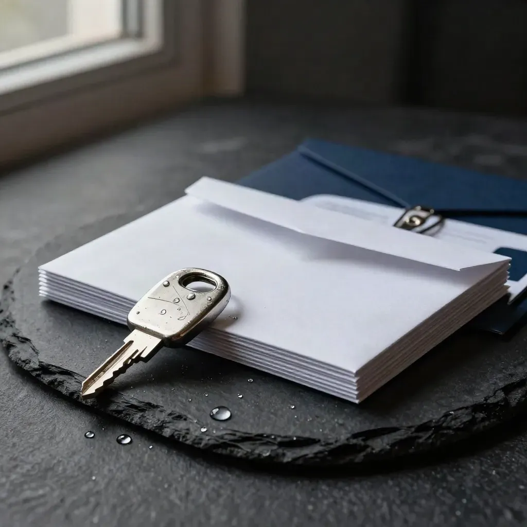 Brushed-steel key fob and invitation cards on slate with rain droplets in dramatic studio light.