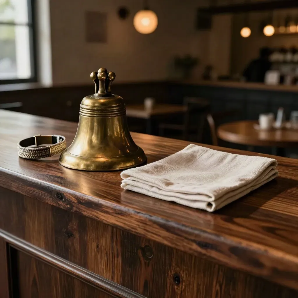 Brass event bell, wristbands, and linen napkin on dark walnut with warm bokeh