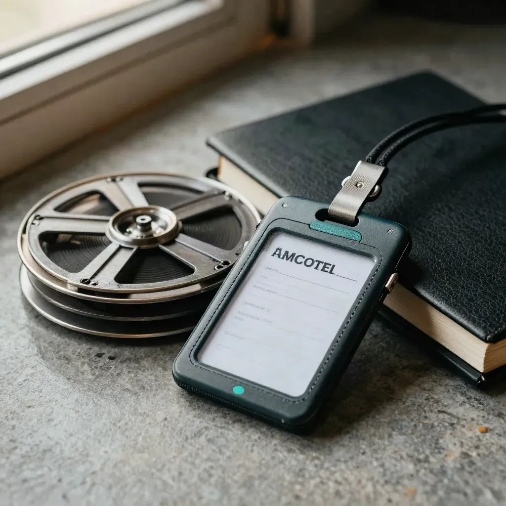Badge reel, audio recorder, and clasped notebook on stone in soft bokeh