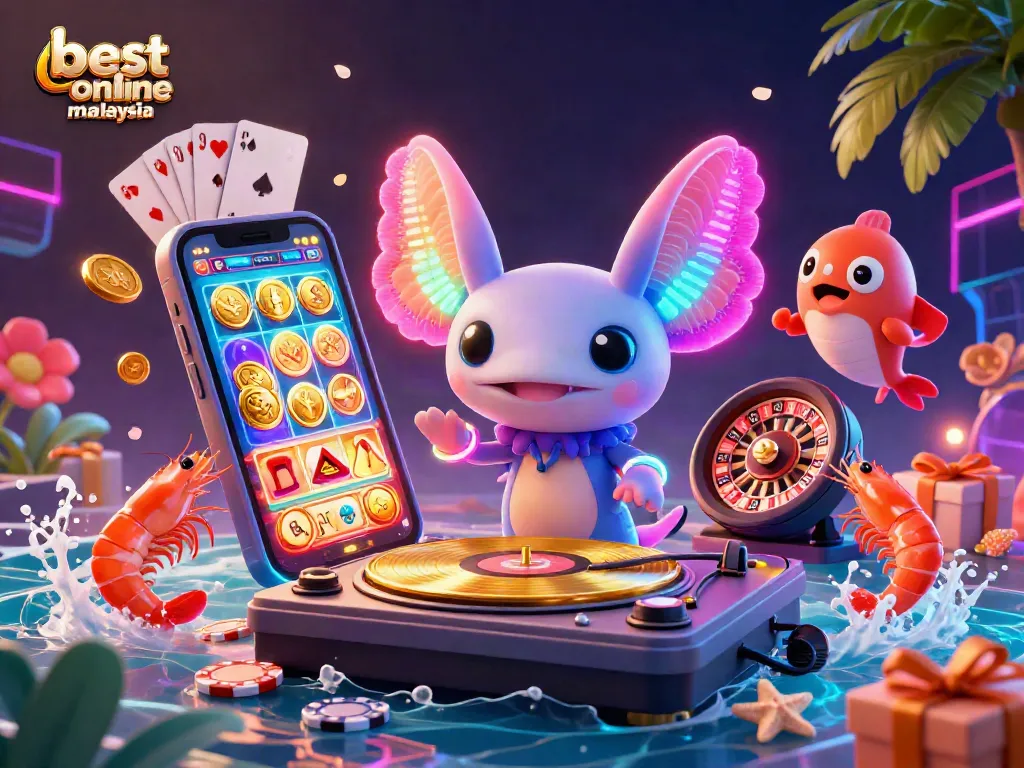 A vibrant scene of a neon-colored axolotl DJ representing the best online casino malaysia, surrounded by energetic shrimp dancers and gaming elements.