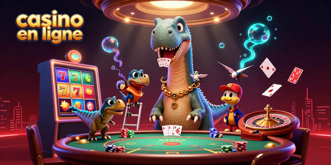 Illustration dynamique illustrant un casino en ligne avec un brontosaurus et des éléments de jeu, ambiance festive.