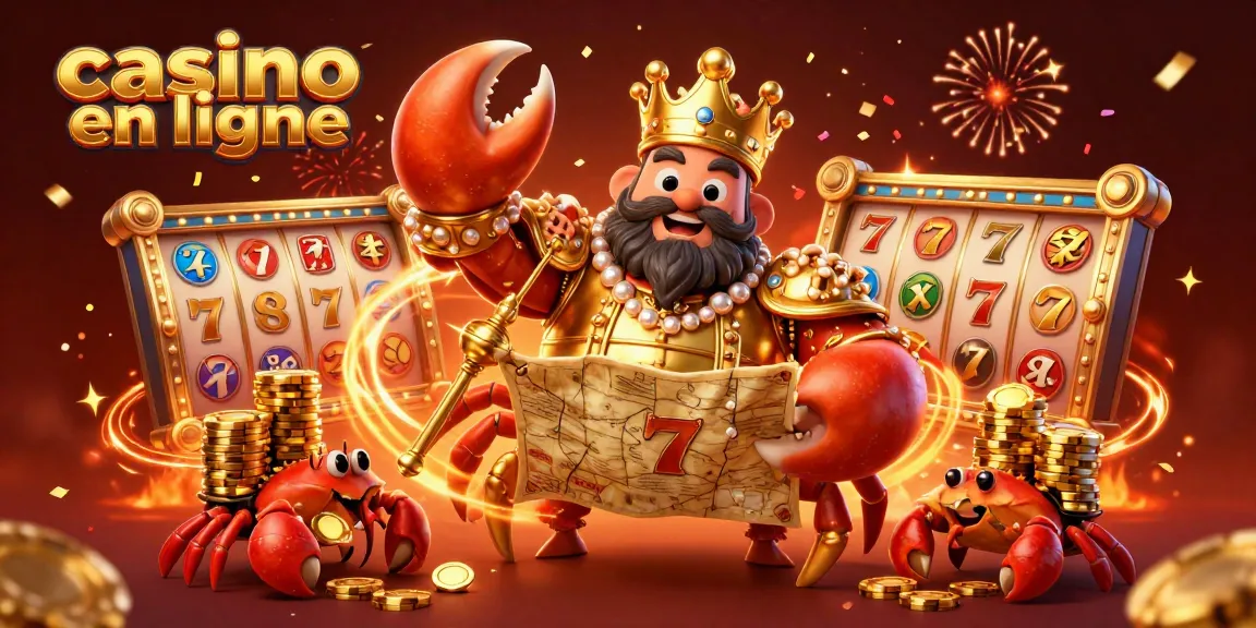 Jouez au casino en ligne avec l'empereur crabe doré, entouré de machines à sous et de confettis.