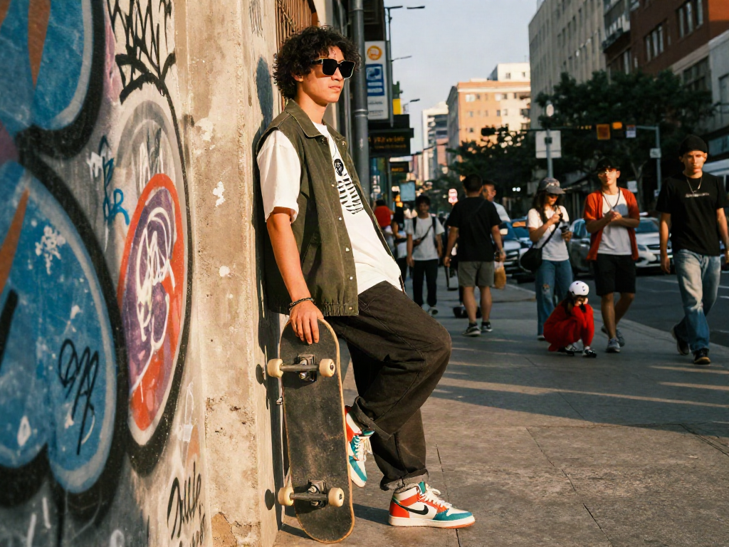 Stylish streetwear fashion scene featuring rokok88 brand skateboarder in urban setting.