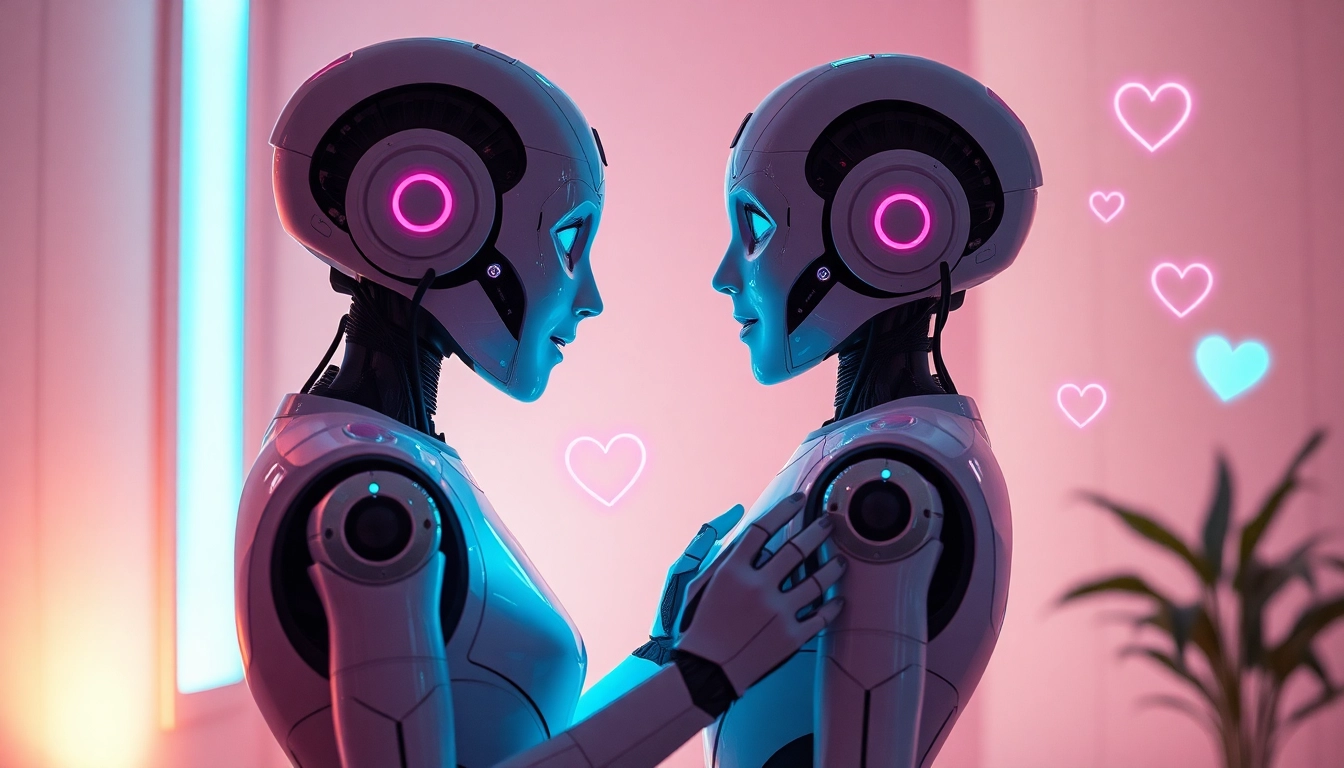 AI sex robots interacting in a modern, inviting setting with futuristic elements and a warm atmosphere.