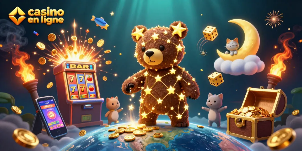 Illustre un casino en ligne dynamique avec des personnages 3D et des éléments de chance.
