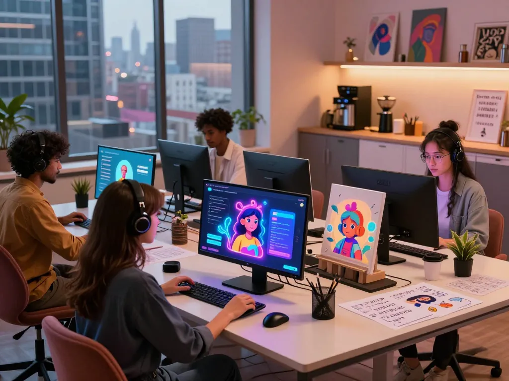 AI chat porn experience with diverse creators engaging with vibrant chatbots in a digital art studio.