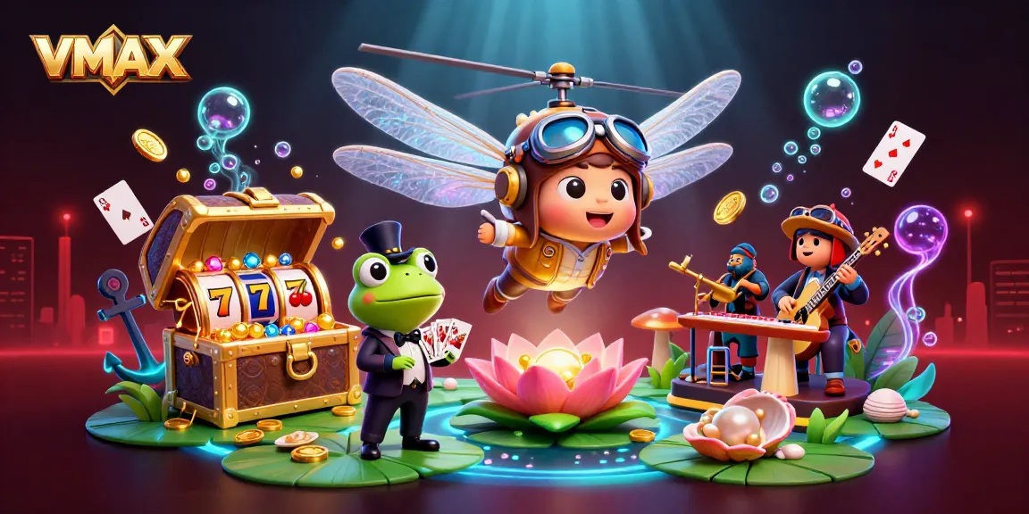 VMAX welcomes players with a lively casino scene featuring vibrant characters and elements of excitement.