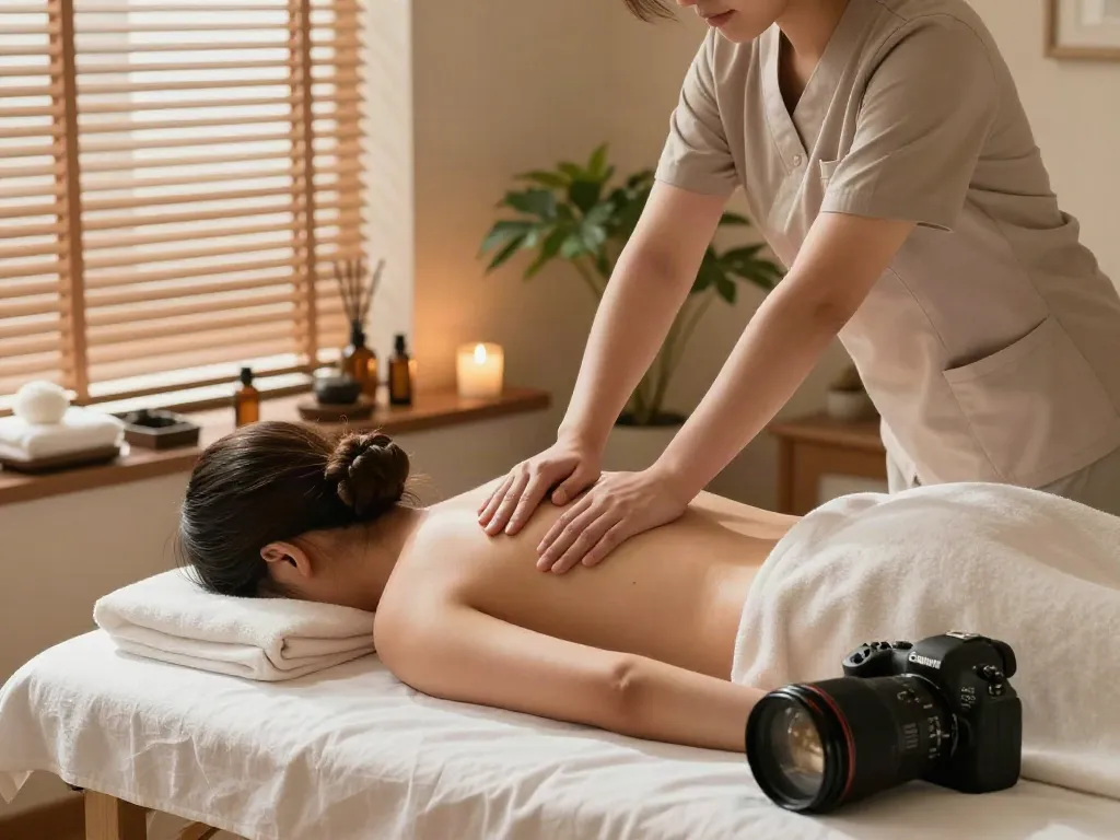 Relaxing 창동출장마사지 scene in a soothing spa environment with therapist and client.