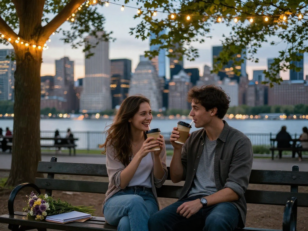 A couple crush on each other while enjoying coffee in a romantic park setting.