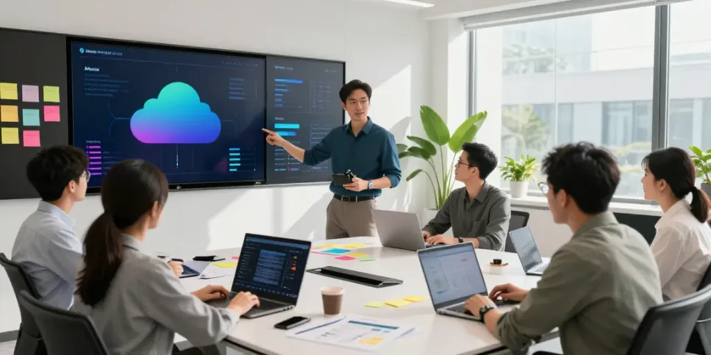 Azure cloud managed services operations in a modern workspace, showcasing teamwork and performance metrics.