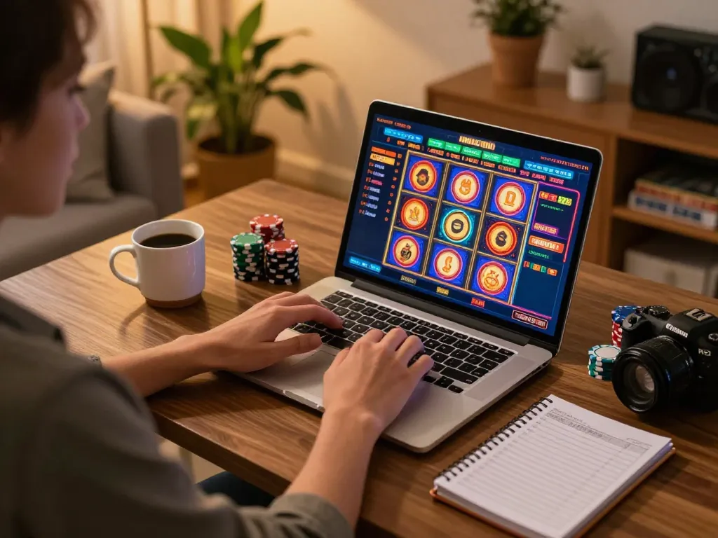 Player spinning the reels on a slot machine in a cozy home environment, showcasing responsible gaming.