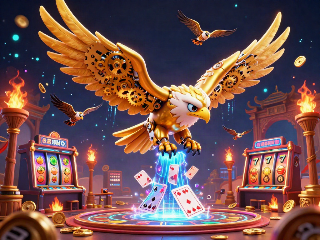 Experience thrilling casino adventures with a cybernetic eagle flying through holographic cards and gold coins.