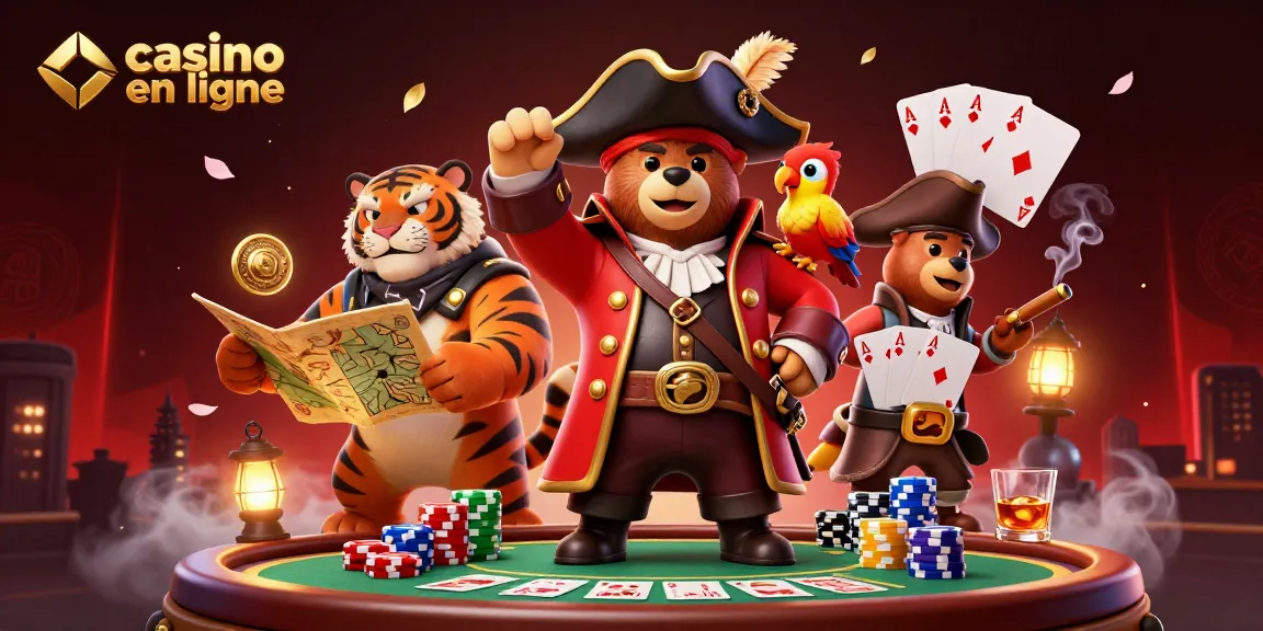 Une scène captivante de casino en ligne avec un ours pirate, un tigre et un perroquet, entourés de jetons et d'un tapis de poker.