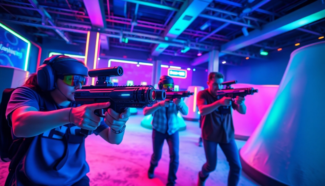 Engaged players enjoying a thrilling laser tag experience in a neon-lit arena.