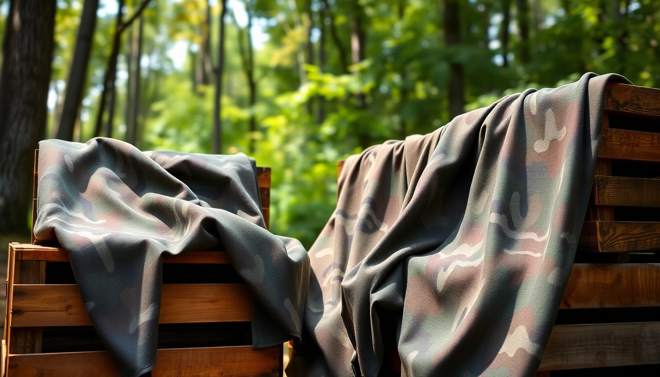 Ontdek unieke camouflage stoffen met gedetailleerde patronen over houten kisten in een natuurlijke setting.