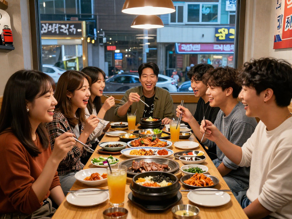 강남 달토에서 친구들과 함께 즐거운 식사를 하는 모습, 한국 전통 요리로 가득한 테이블과 따뜻한 분위기
