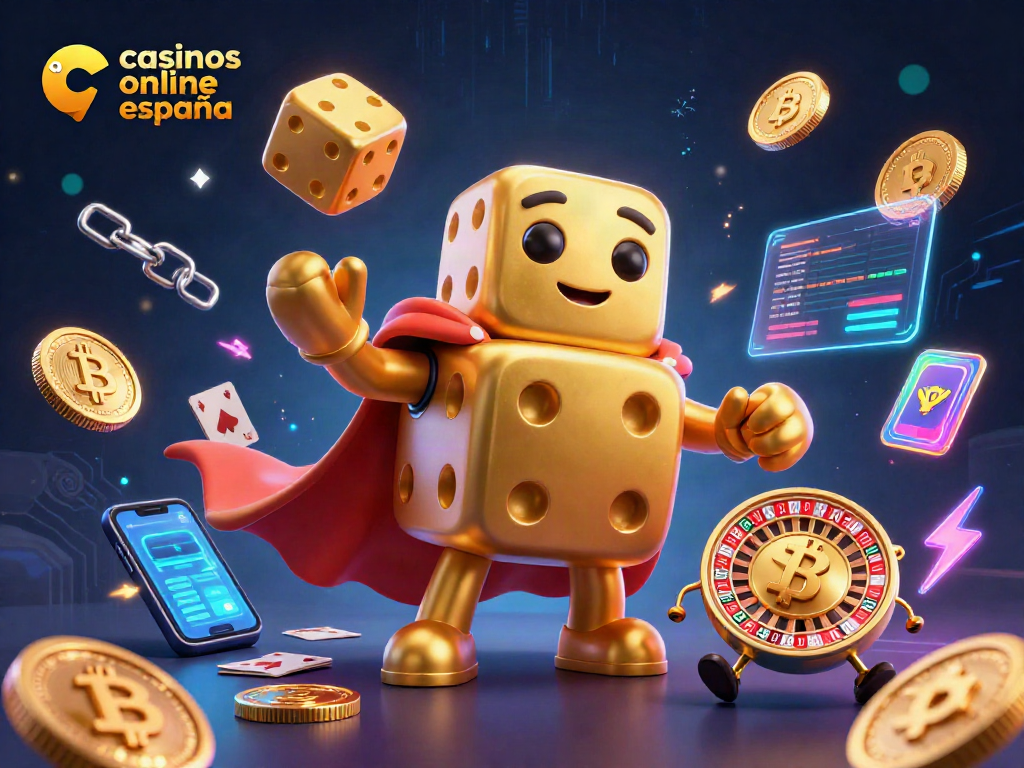 Casinos online España: Disfruta de juegos con un dado dorado y criptomonedas iluminadas.