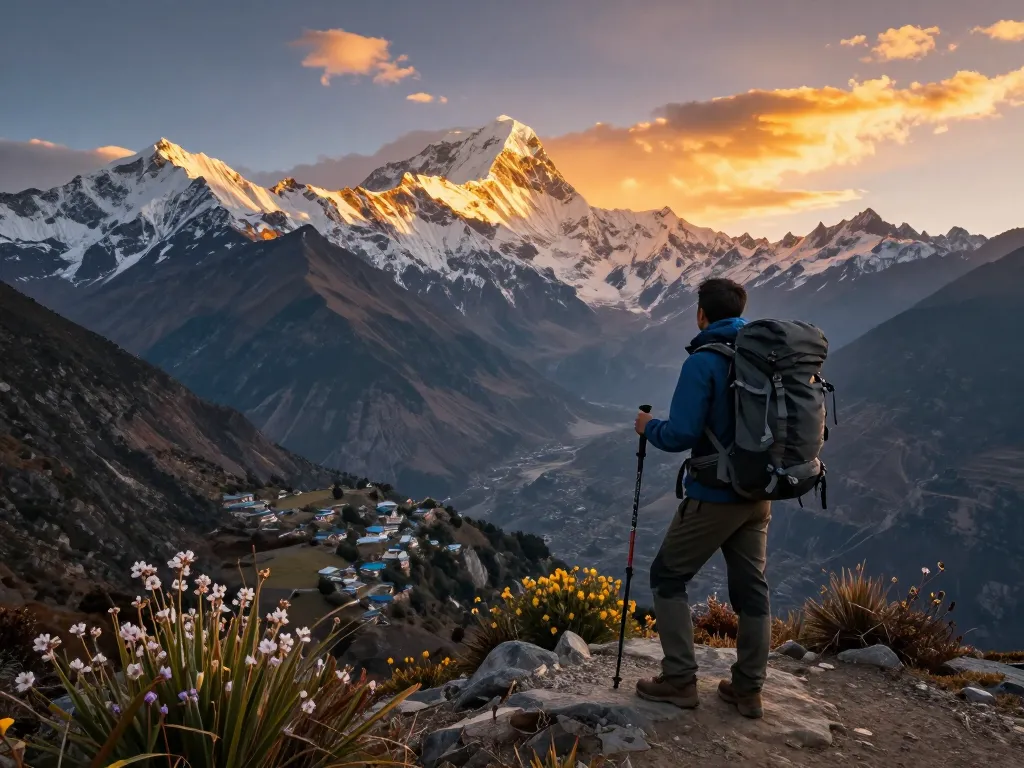 Annapurna Circuit trekker overlooking stunning Himalayan peaks at sunset.