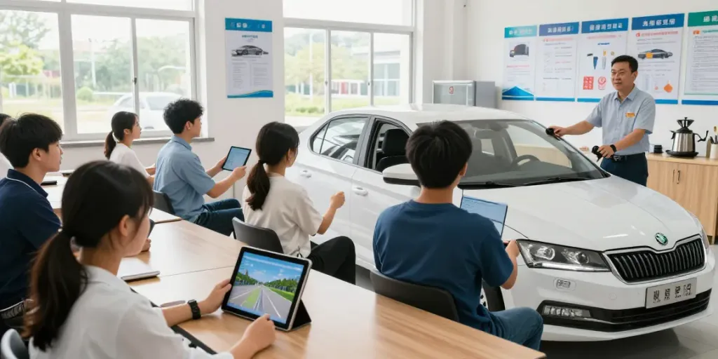 Engaged students learning about driving at автошкола кишинев in a modern classroom.