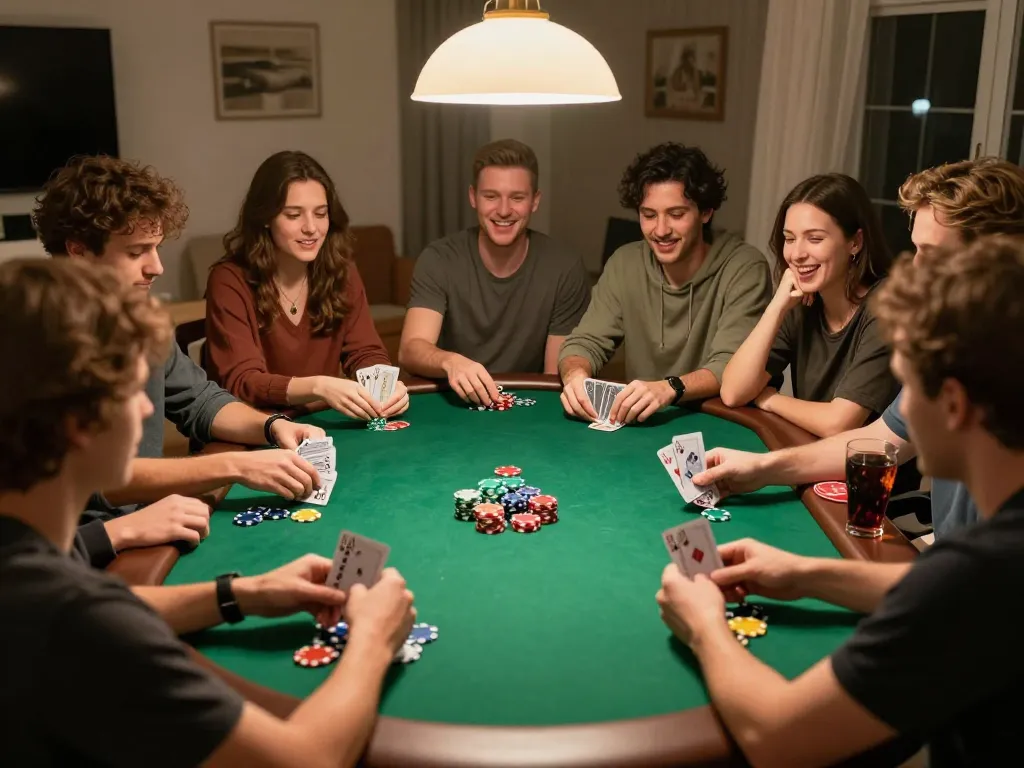 Poker online gameplay with friends enjoying a vibrant home poker night gathering