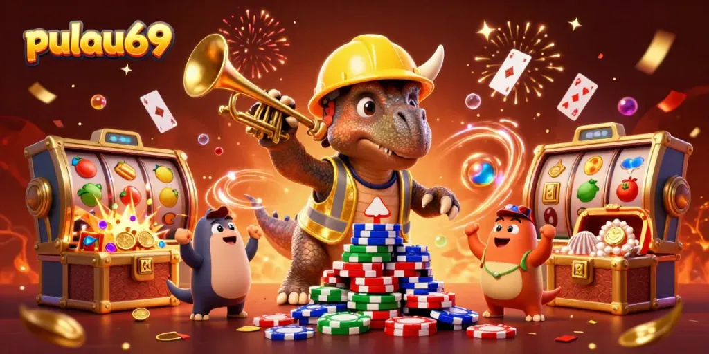 Pulau69 celebrates with a vibrant scene of a triceratops and companions building poker chip pyramids.