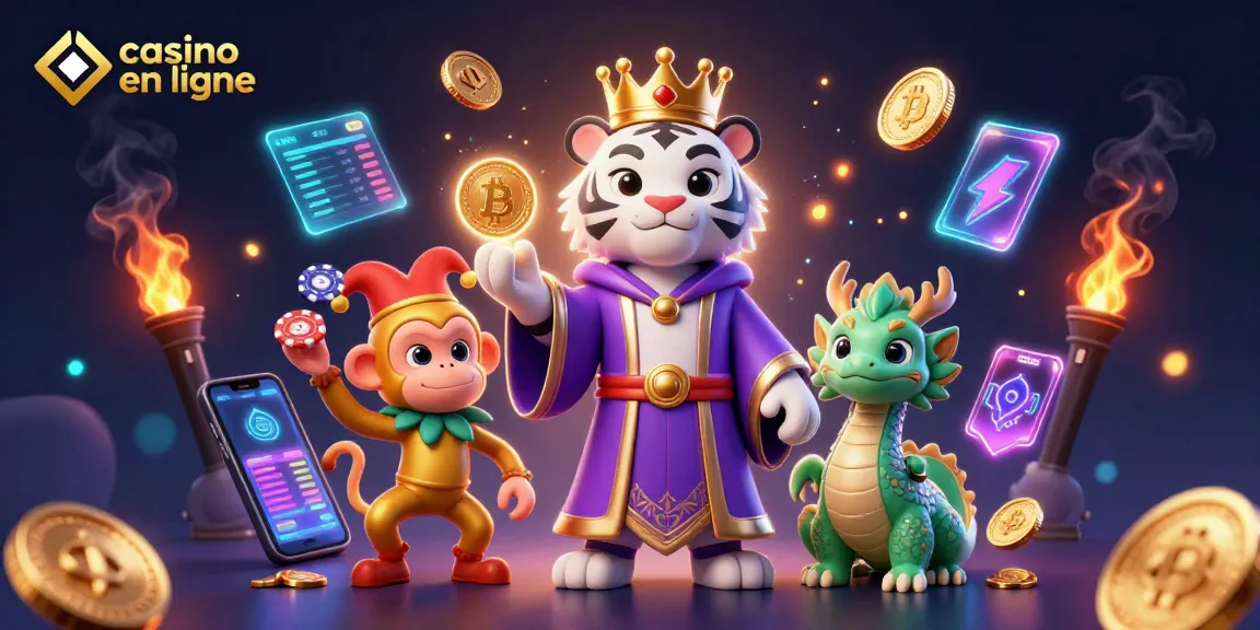 Une scène vibrante de casino en ligne avec un tigre, un singe et un dragon, symboles de poker et crypto.
