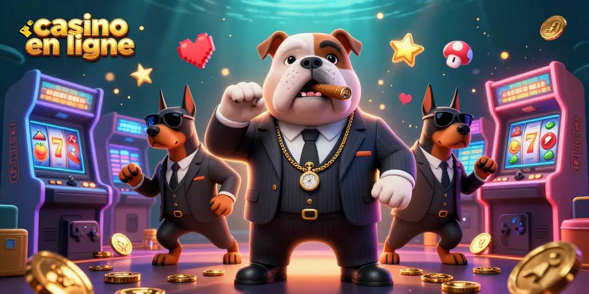 Profitez d'une scène captivante de casino en ligne avec un bulldog mafieux et des machines à sous animées.