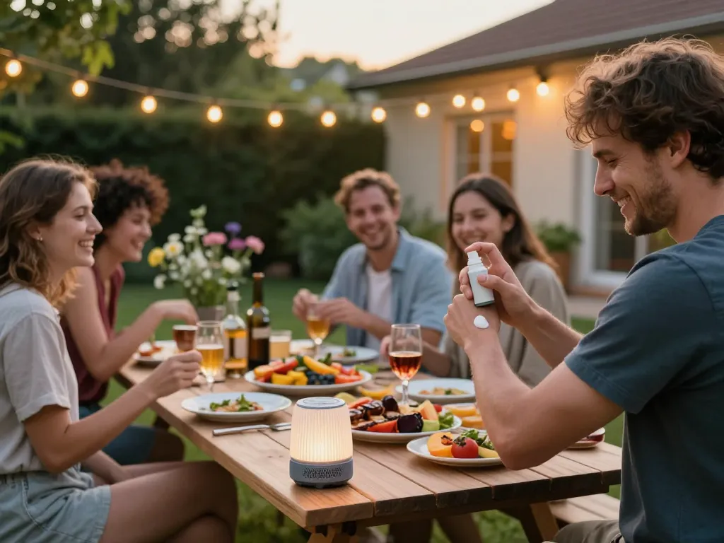Outdoor gathering with friends applying mosquito repellent for protection against insects.