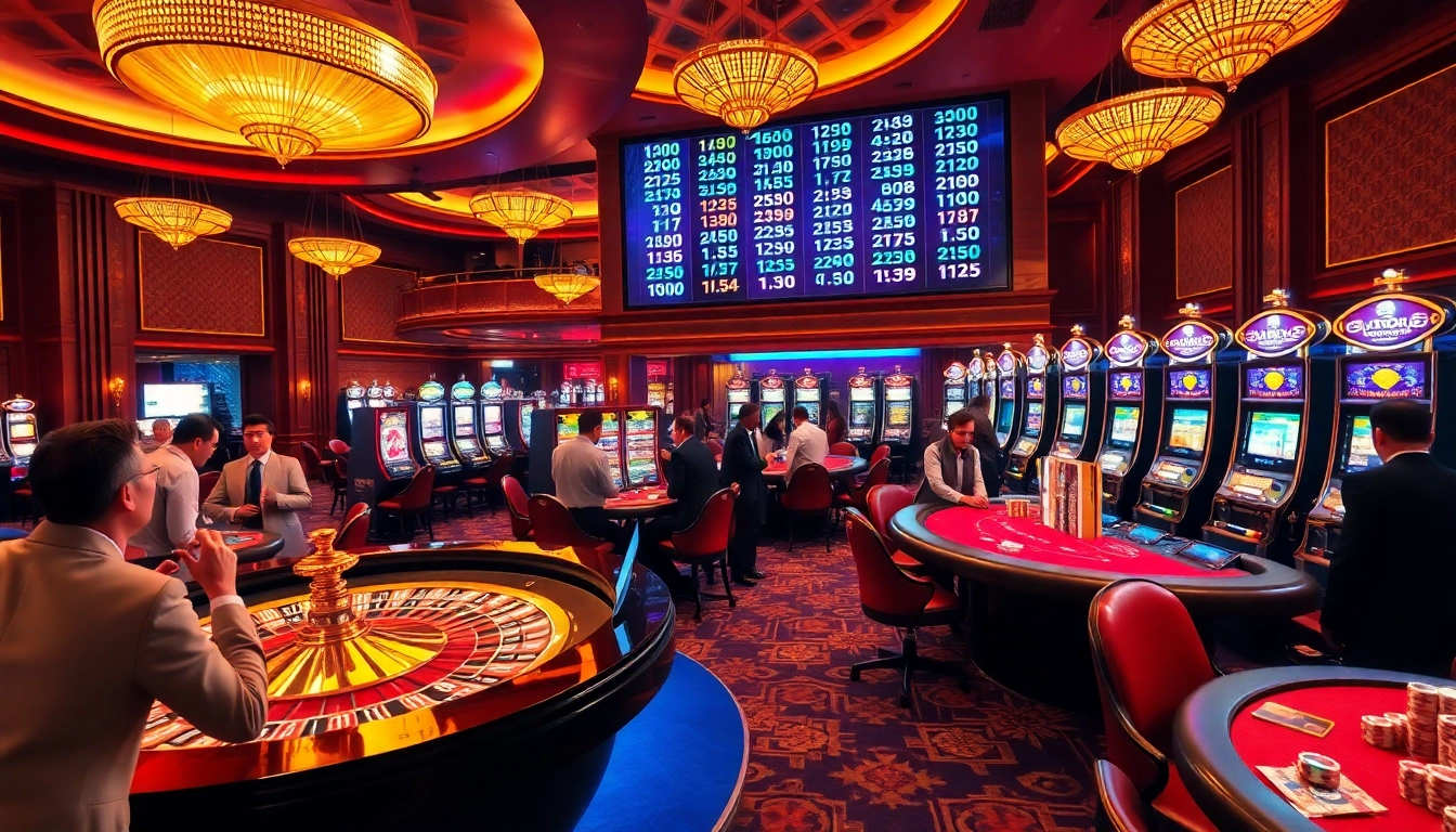 Gambling excitement at a luxurious casino scene featuring gtatogel betting screens and vibrant slot machines.