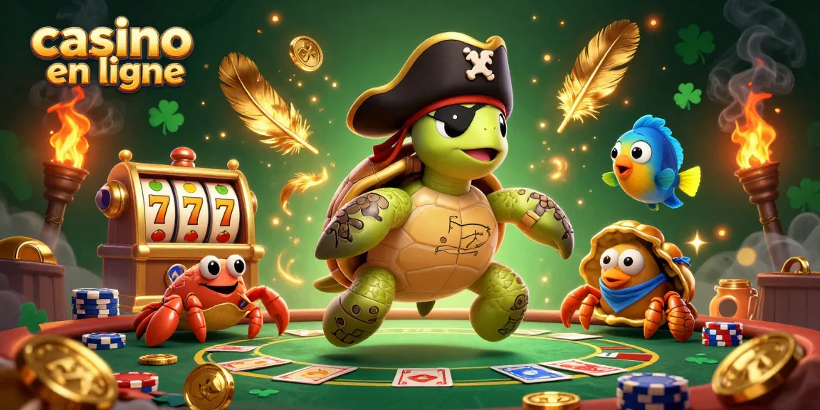 Plongez dans une scène vibrante de casino en ligne avec une tortue pirate et ses compagnons, entourés de trésors.