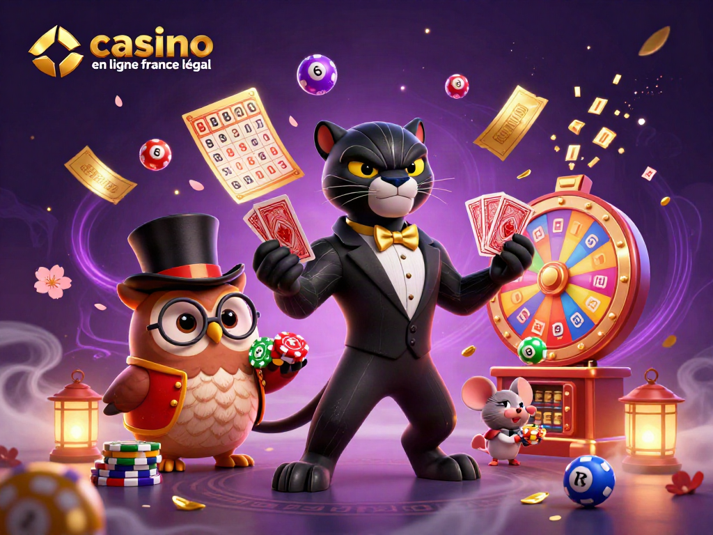 Illustration mettant en avant le casino en ligne France légal avec une panthère élégante, une chouette et une souris porte-chips.