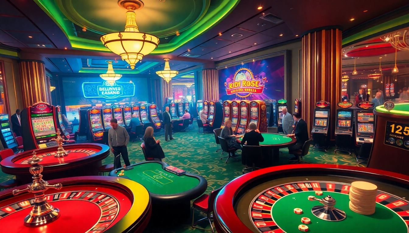 A thrilling casino experience at KJC AC with poker tables, slots, and roulette wheels.