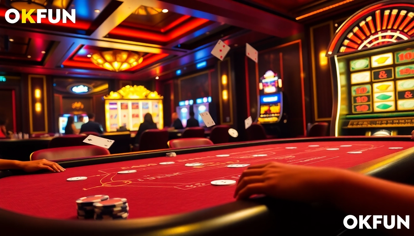 Betting environment at Nhà cái OKFUN showcasing luxurious casino action and vibrant slot machines.