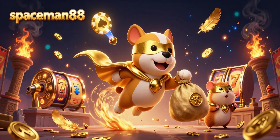 Engage with spaceman88 slots featuring a superhero dog and hamster amidst dynamic casino elements.