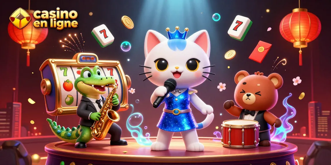 Illustration animée d'une scène de casino en ligne avec des personnages de jazz et des éléments de jeu variés.