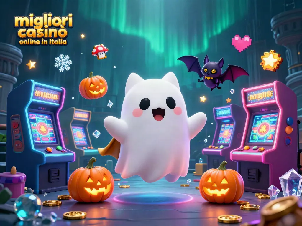 I migliori casinò online in Italia presentano un'atmosfera avvincente con un gatto fantasma e un pipistrello in un casinò festivo.
