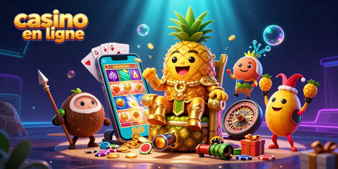 Illustration d'un roi ananas assis sur un trône de fruits, représentant le casino en ligne avec énergie.