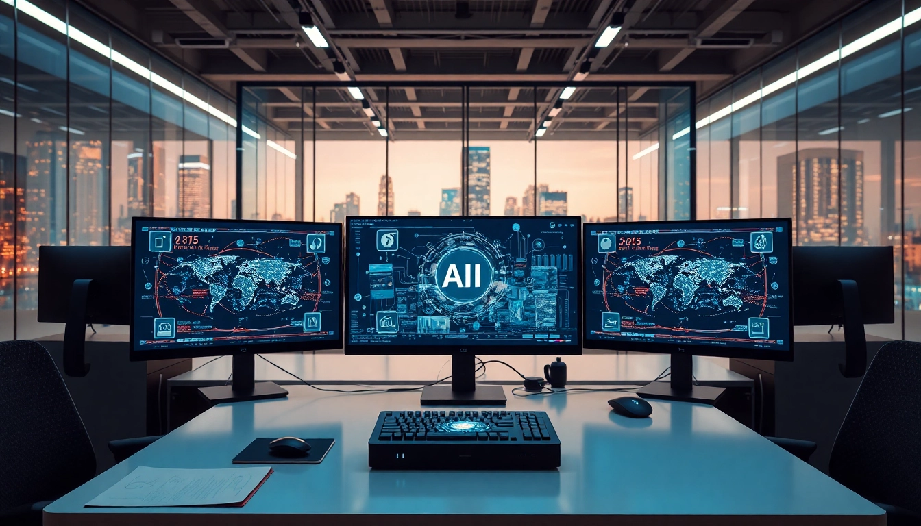 Showcasing Technology in a high-tech digital workspace with AI and data flows.