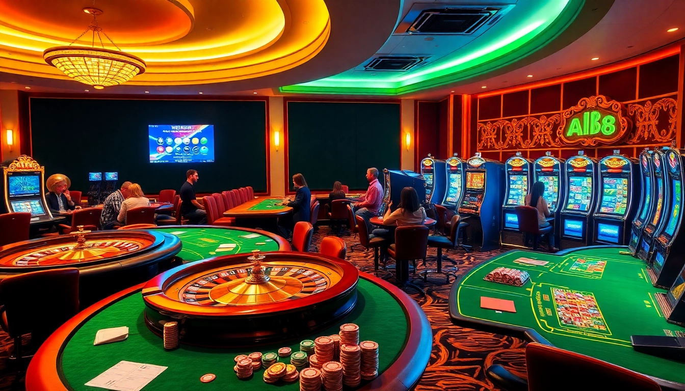 Experience the thrill of ABC8 gambling with vibrant poker tables and roulette wheels.