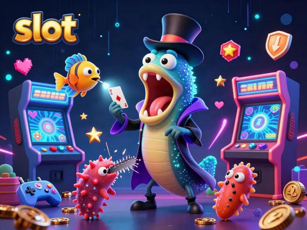 Slot yang menghibur dengan ikan gulper dan anglerfish membuat trik sulap di dunia kasino dalam ilustrasi 3D.