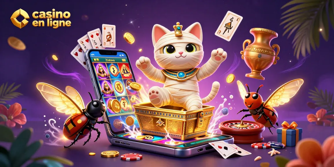 Illustration d'un chat momie égyptien dans un casino, jouant à un casino en ligne avec des éléments de jeu colorés.
