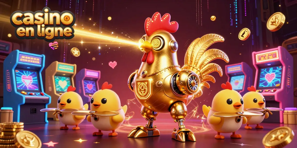 Jouez au casino en ligne avec notre robot coq futuriste et des drones, une scène dynamique remplie d'éléments de jeu.