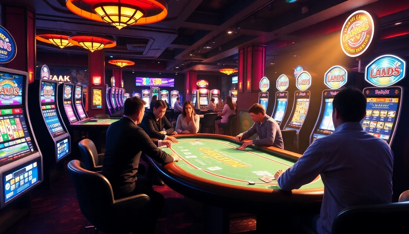 A bustling casino showcasing KJC AC with poker tables, roulette wheels, and slot machines, embodying the thrill of online gambling.